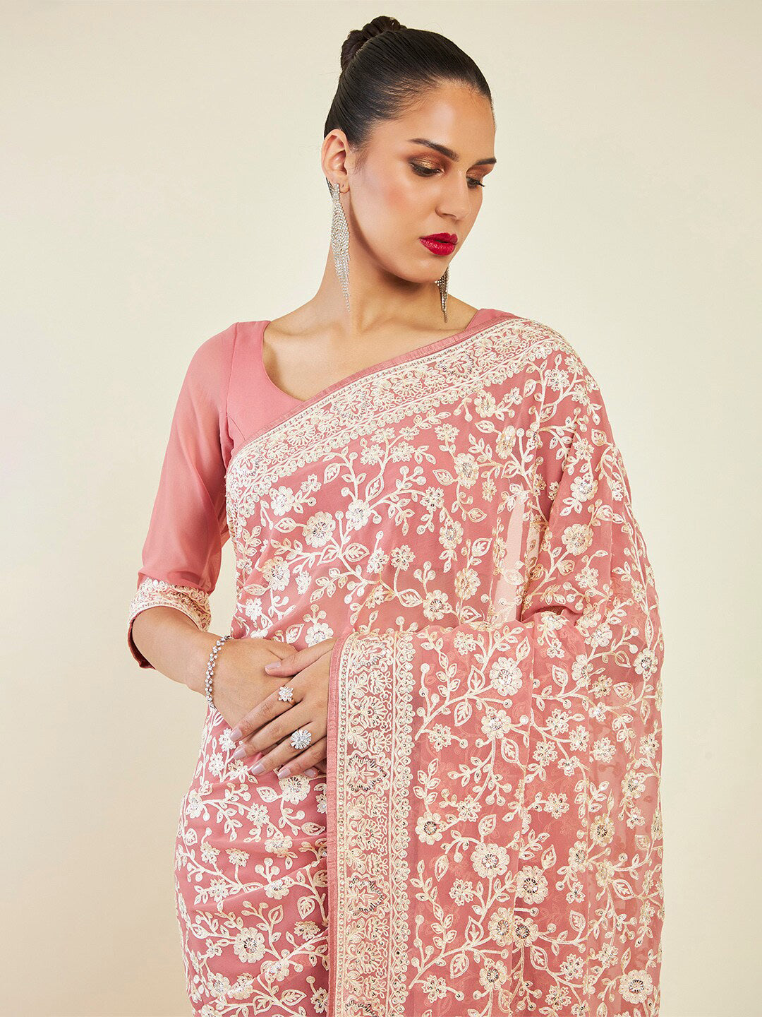 Soch Floral Embroidered Pure Georgette Saree - Distacart