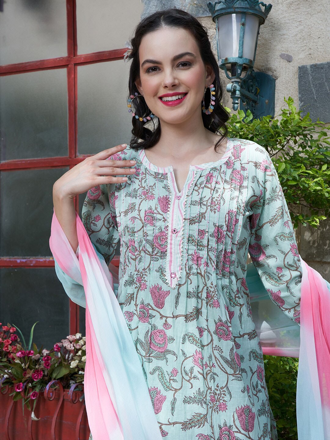 Sangria Printed Pure Cotton Straight Kurta With Trouser & Dupatta - Distacart