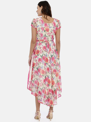 Souchii Off-White & Pink Floral Printed A-Line Dress - Distacart