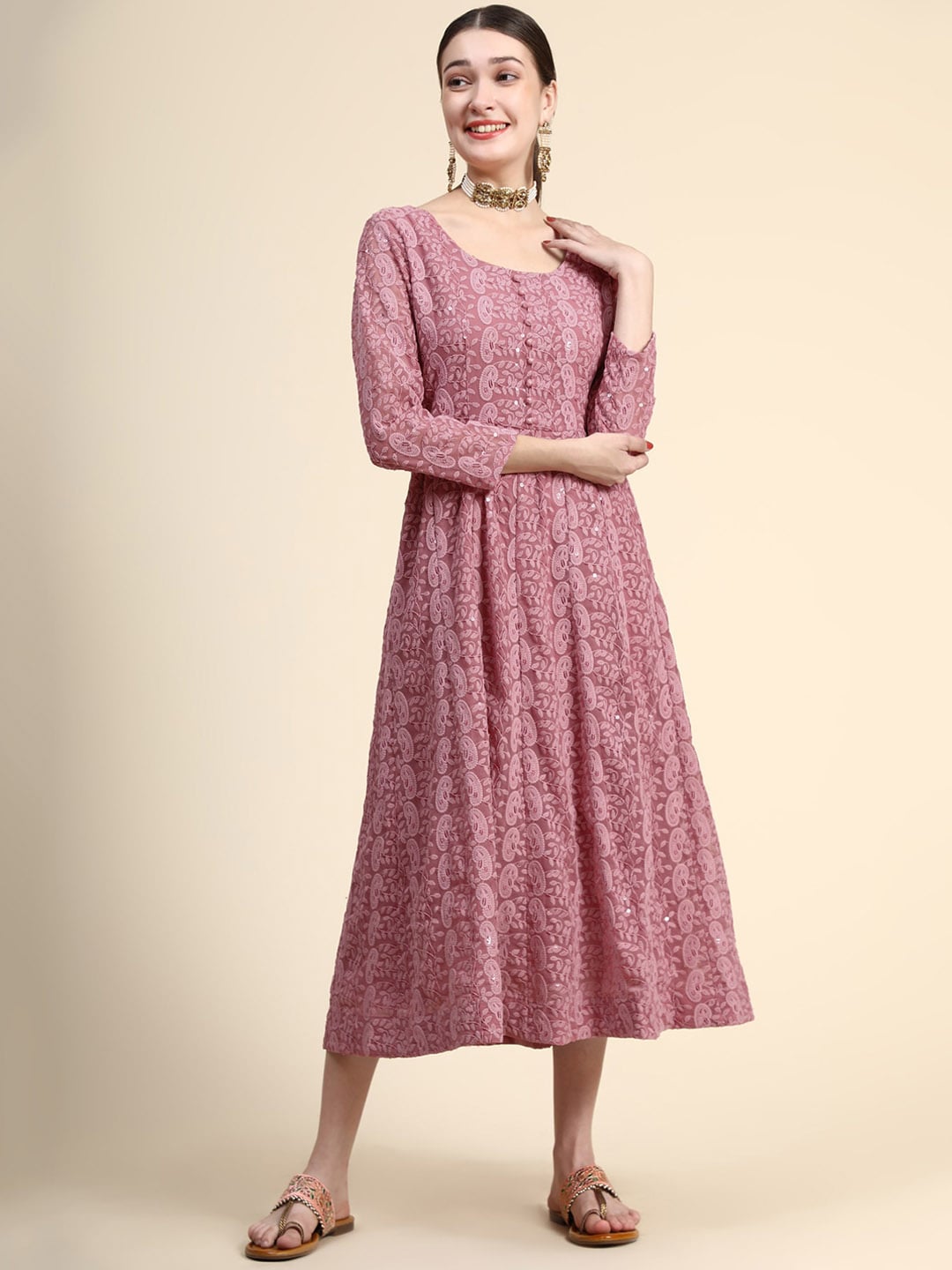 Kalini Paisley Embroidered Chikankari Georgette Anarkali Kurta With Dupatta Set - Distacart