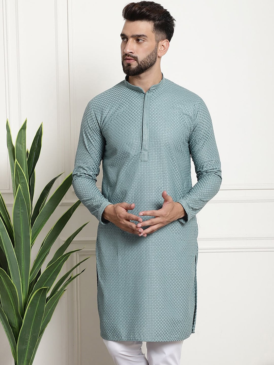 Sojanya Woven Design Mandarin Collar Straight Cotton Kurta - Distacart
