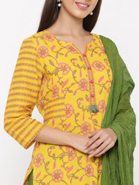 Thumbnail for Jaipur Kurti Women Yellow Ethnic Motifs Printed Regular Pure Cotton Kurta with Salwar & With Dupatta - Distacart