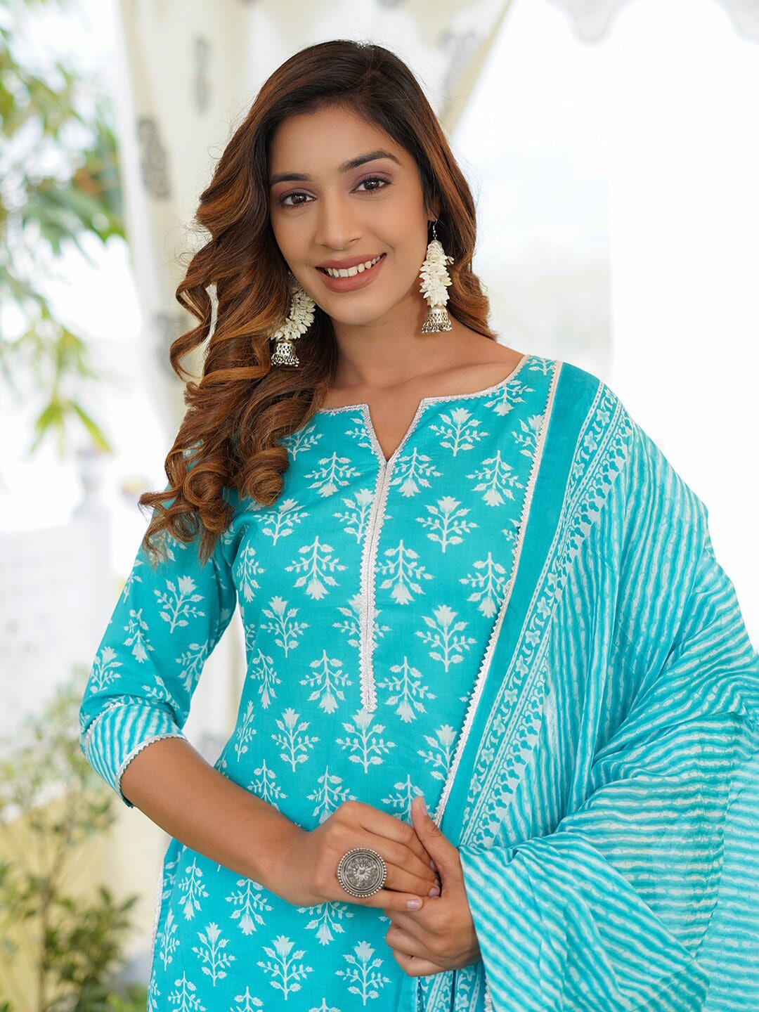 Kalini Floral Printed Lace Detail Pure Cotton Kurta with Trousers & Dupatta - Distacart