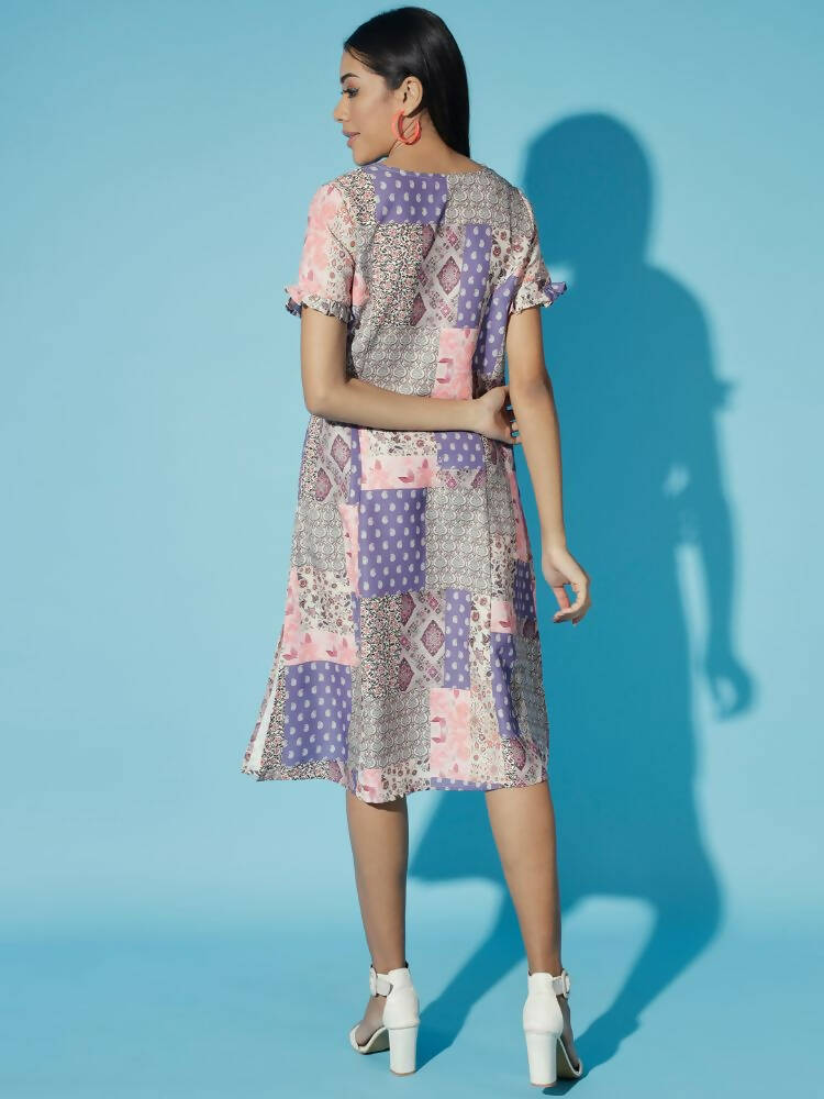 Myshka Women Multi Geometric Rayon A-Line Round Neck Dress - Distacart