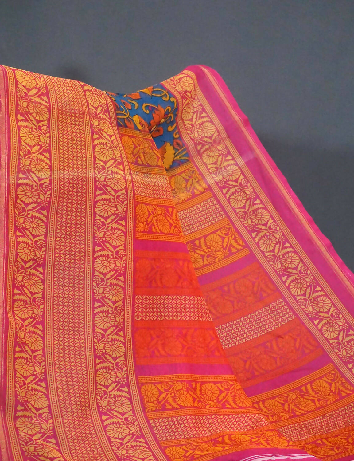 Multi Shades Of Peacock Blue Kalamkaari Design Semi Chanderi Saree With Contrast Blouse By Gayathri Reddy Designer Studio - Distacart