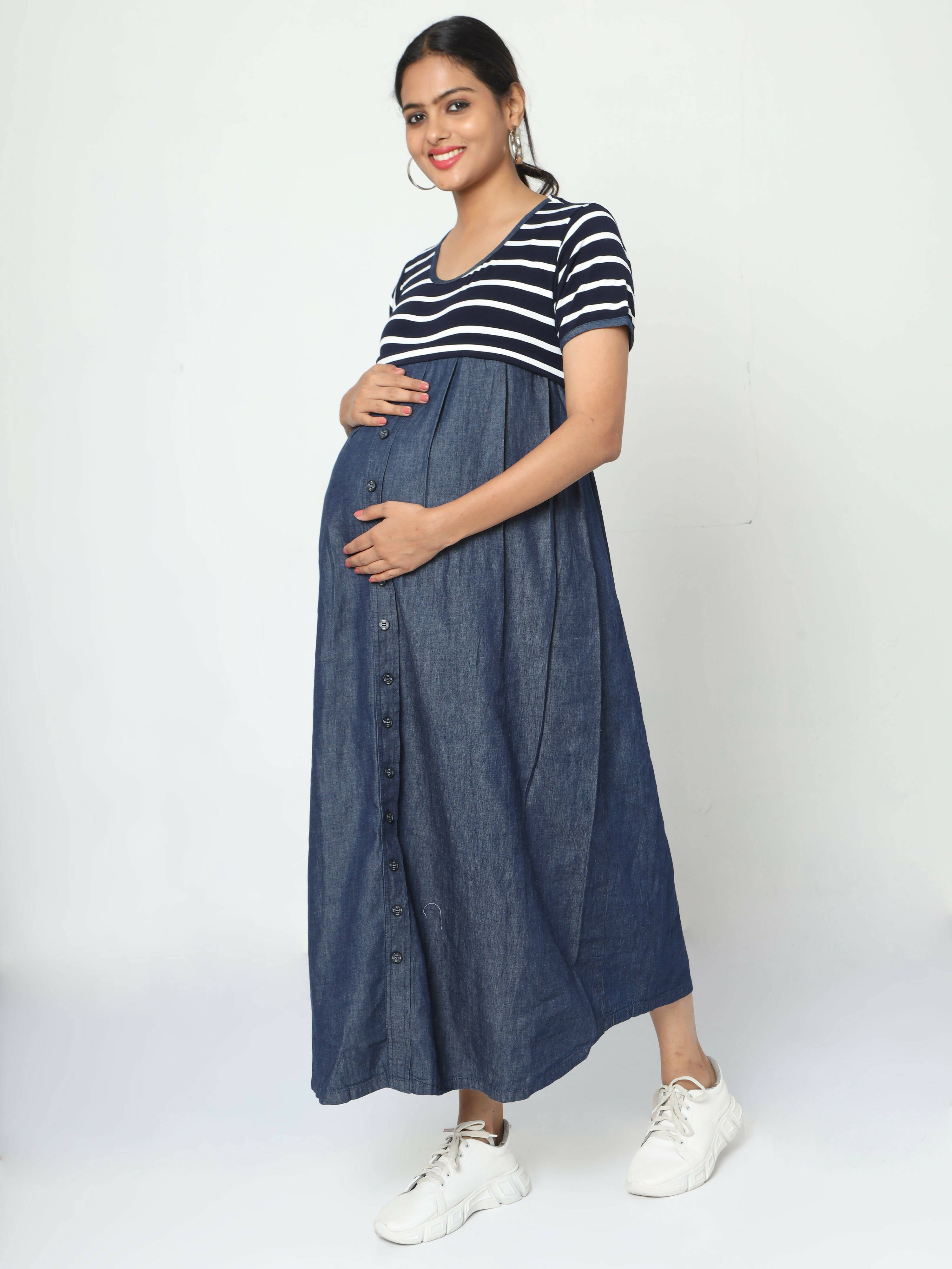 Manet Half Sleeves Maternity Dress White Striped With Concealed Zipper Nursing Access - Navy - Distacart