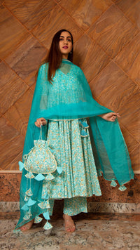 Thumbnail for Pomcha Jaipur Noor Blue Cotton Angrakha Set - Distacart