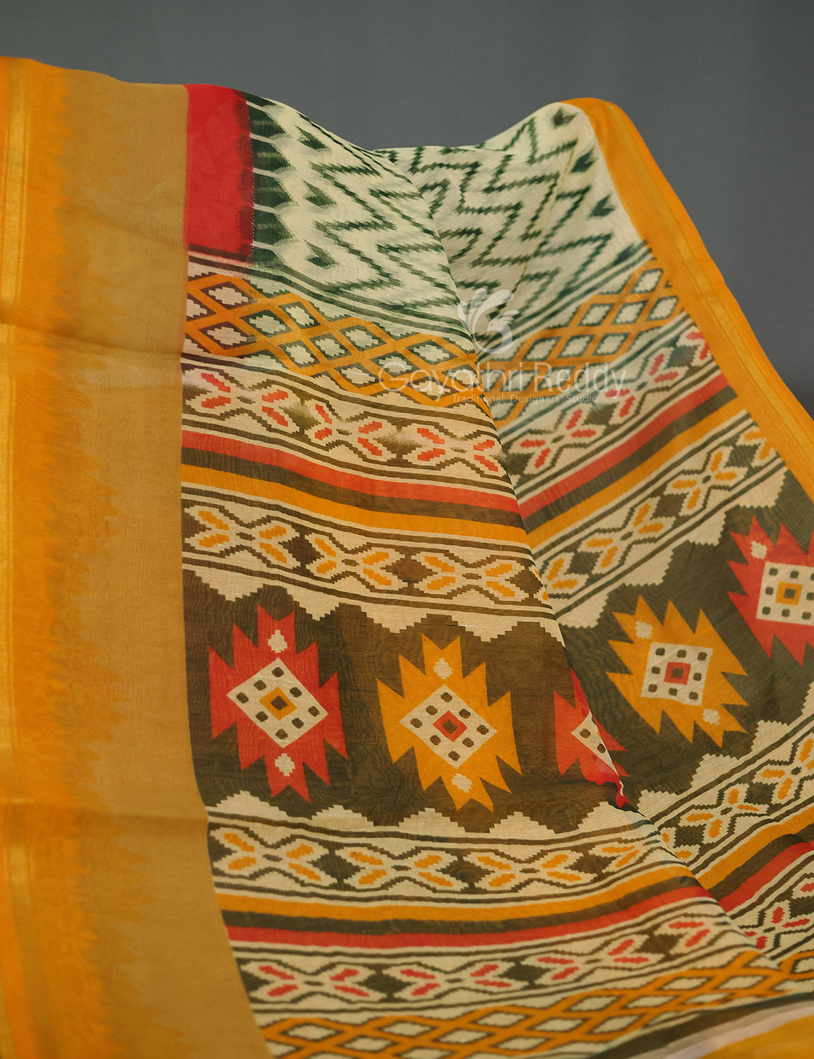 Shades of Light Apple Green And Yellow Colour Blouse Ikat Design Semi Chanderi Saree By Gayathri Reddy Designer Studio - Distacart