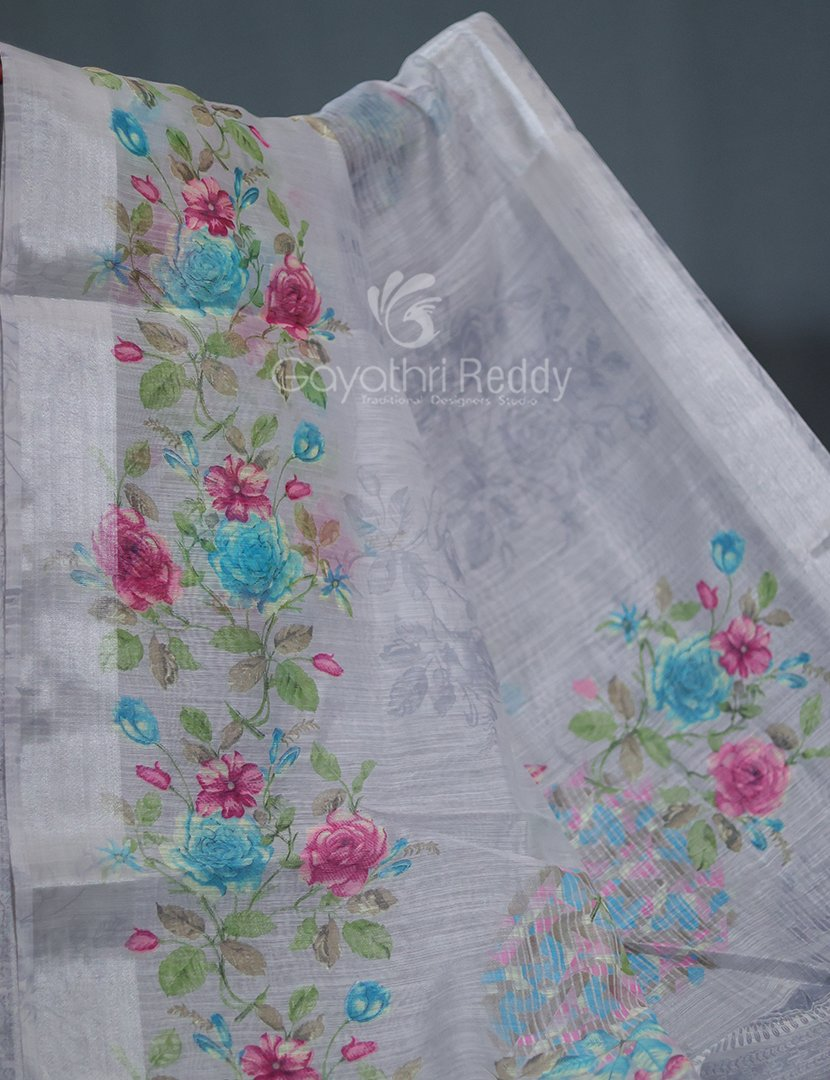 Shades of Light Grey With Floral Print Semi Chanderi Saree By Gayathri Reddy Designer Studio - Distacart