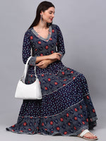 Thumbnail for Kalini Women Navy Blue Floral Printed Thread Work Indie Prints Anarkali Kurta - Distacart