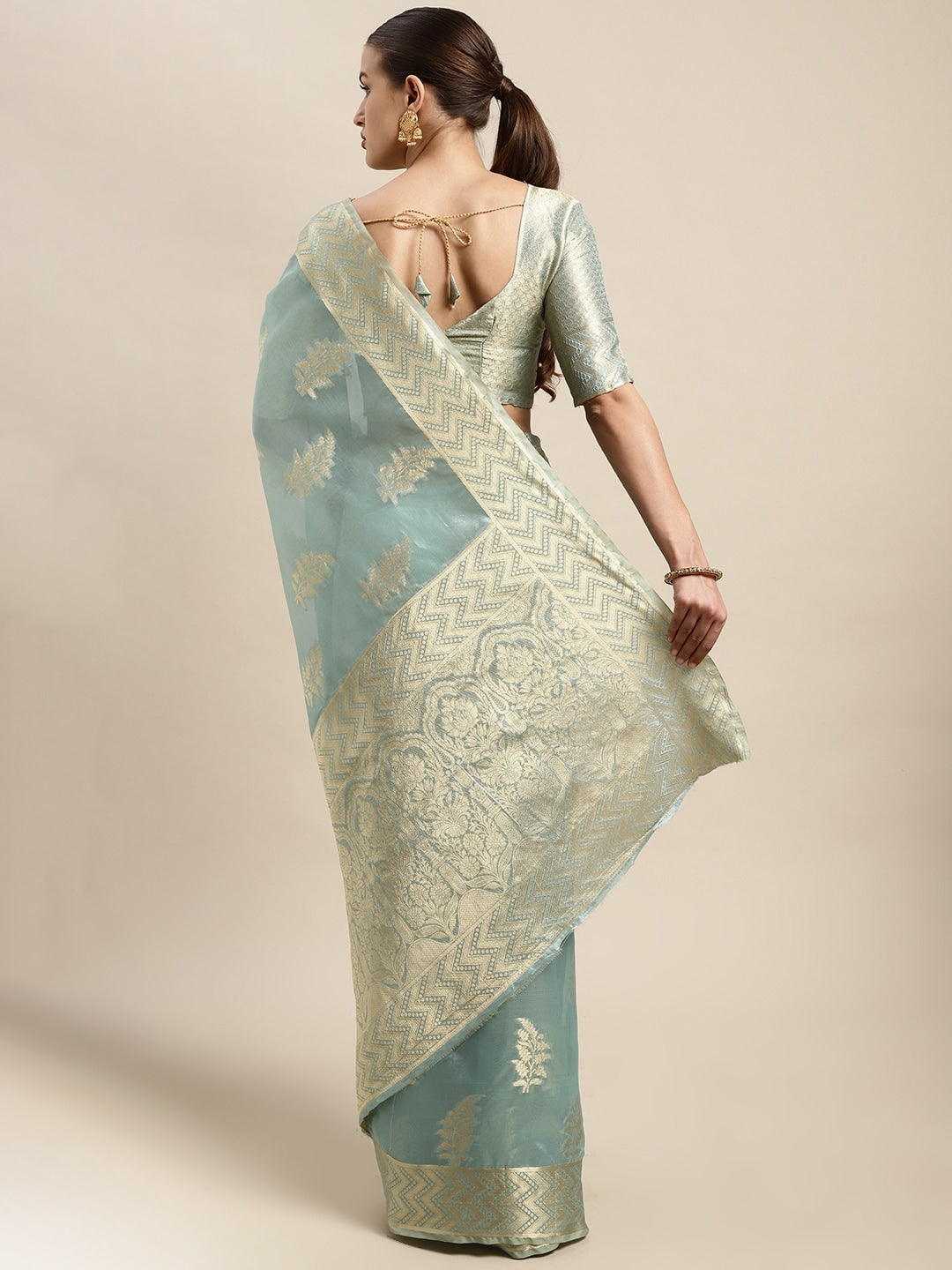 Mitera Blue & Gold-Toned Ethnic Motifs Zari Organza Kanjeevaram Saree - Distacart