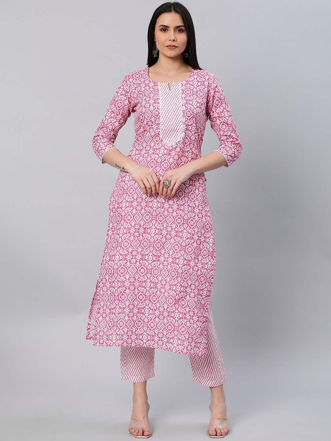 Kalini Notched Neck Ethnic Mofits Printed Straight Kurta with Trousers - Distacart