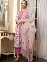 Thumbnail for Sangria Mauve Embroidered Straight Pure Cotton Kurta With Trouser & Dupatta - Distacart