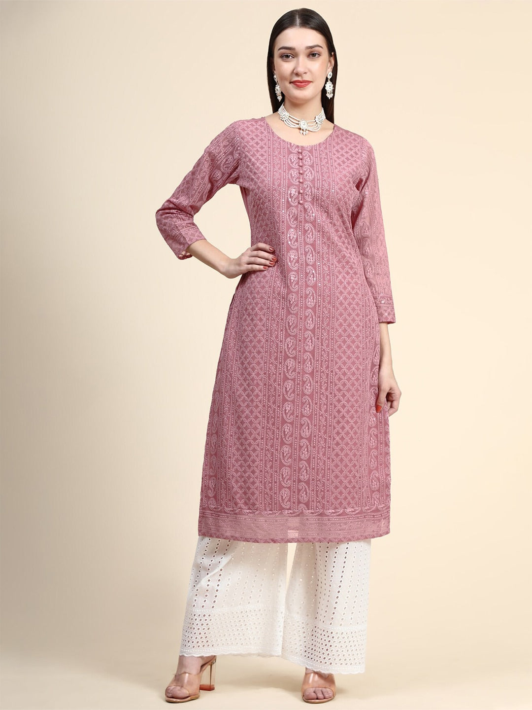 Kalini Round Neck Paisley Embroidered Chikankari Georgette Kurta - Distacart