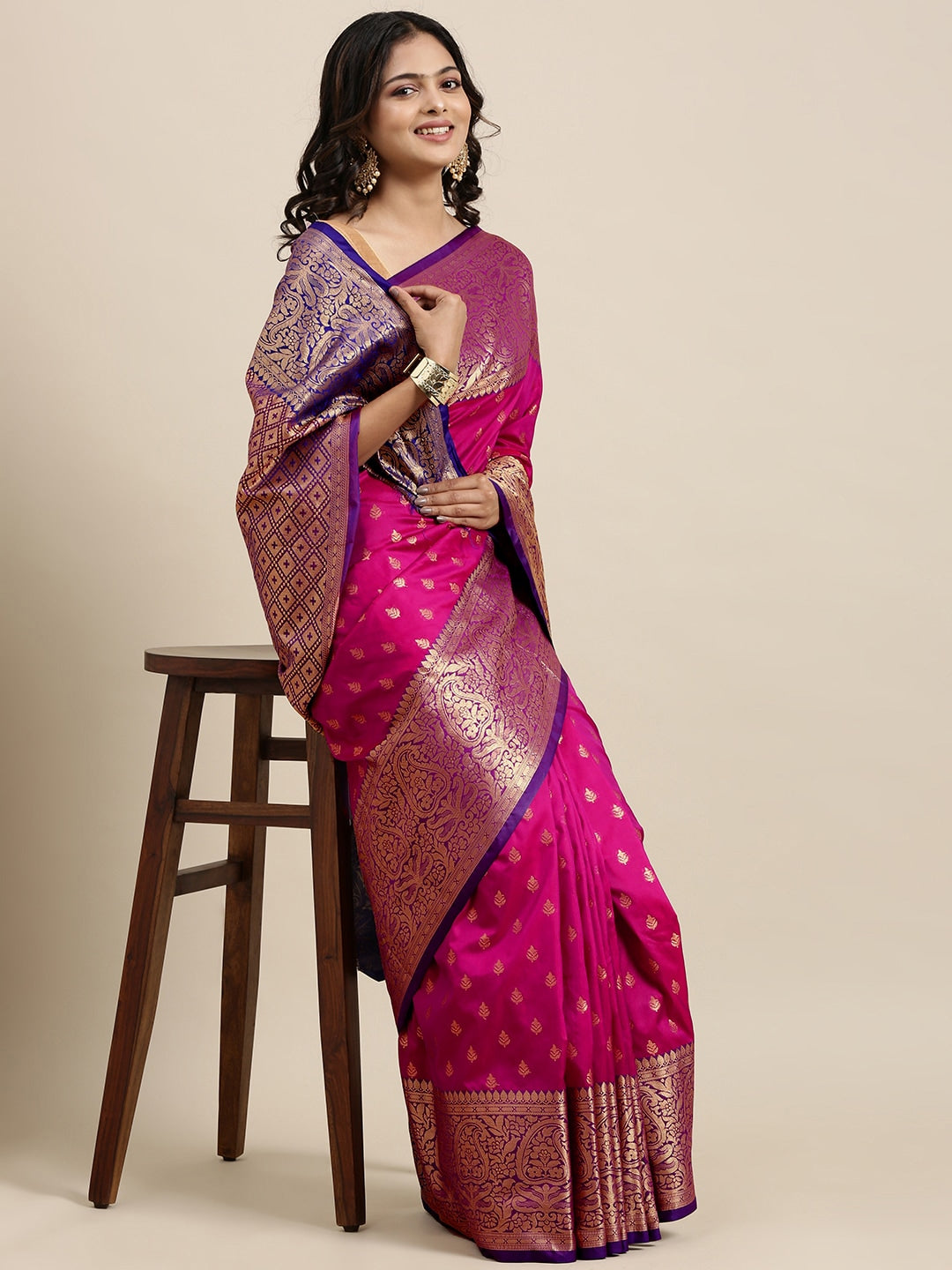 Mitera Pink & Golden Ethnic Motifs Banarasi Saree with Zari Border - Distacart