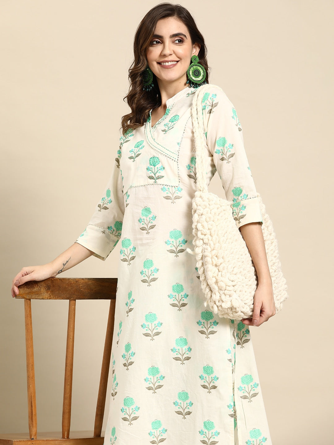 Sangria Floral Printed Angrakha Sequinned Pure Cotton Kurta With Trousers - Distacart