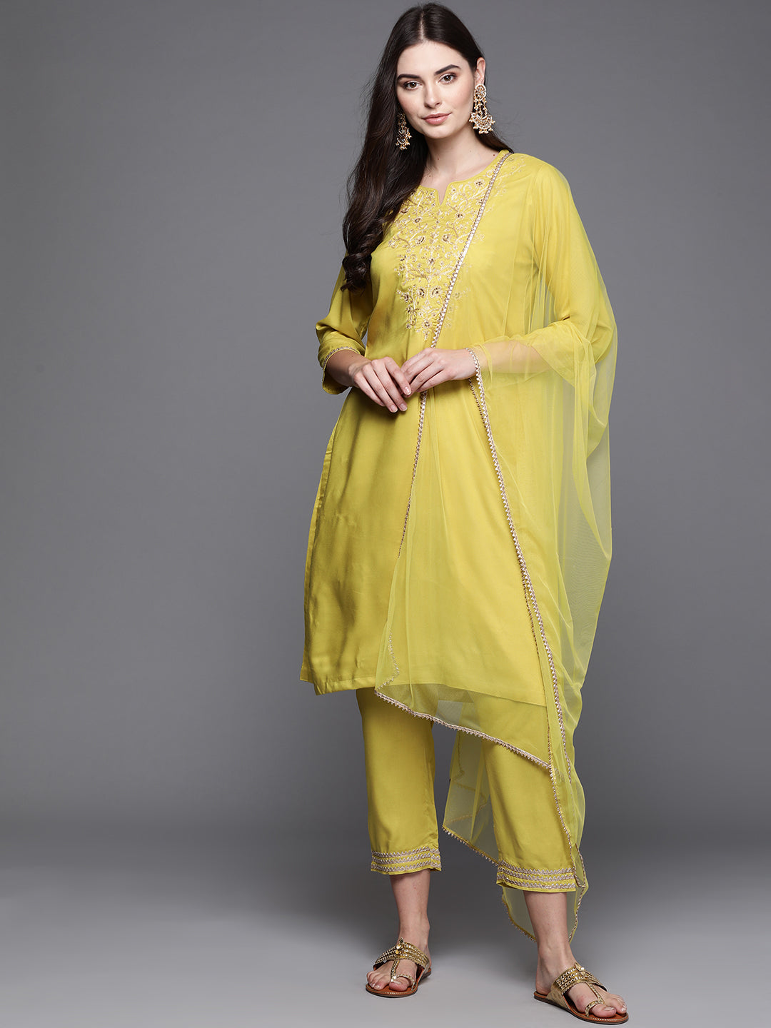 Biba Women Lime Green Embroidered Kurta with Trousers & Dupatta - Distacart