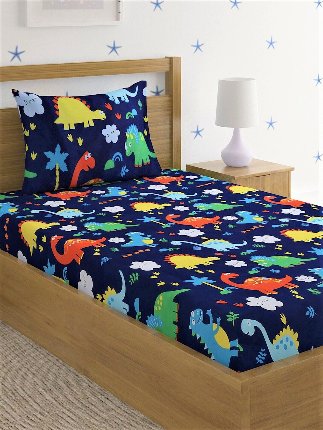 Home Sizzler Blue & Red Cartoon Characters 210 TC Bedsheet with Pillow Cover - Distacart