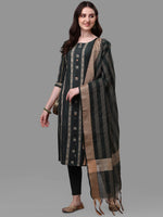 Thumbnail for HERE&NOW Green Striped Pure Cotton Kurta With Trousers & Dupatta - Distacart
