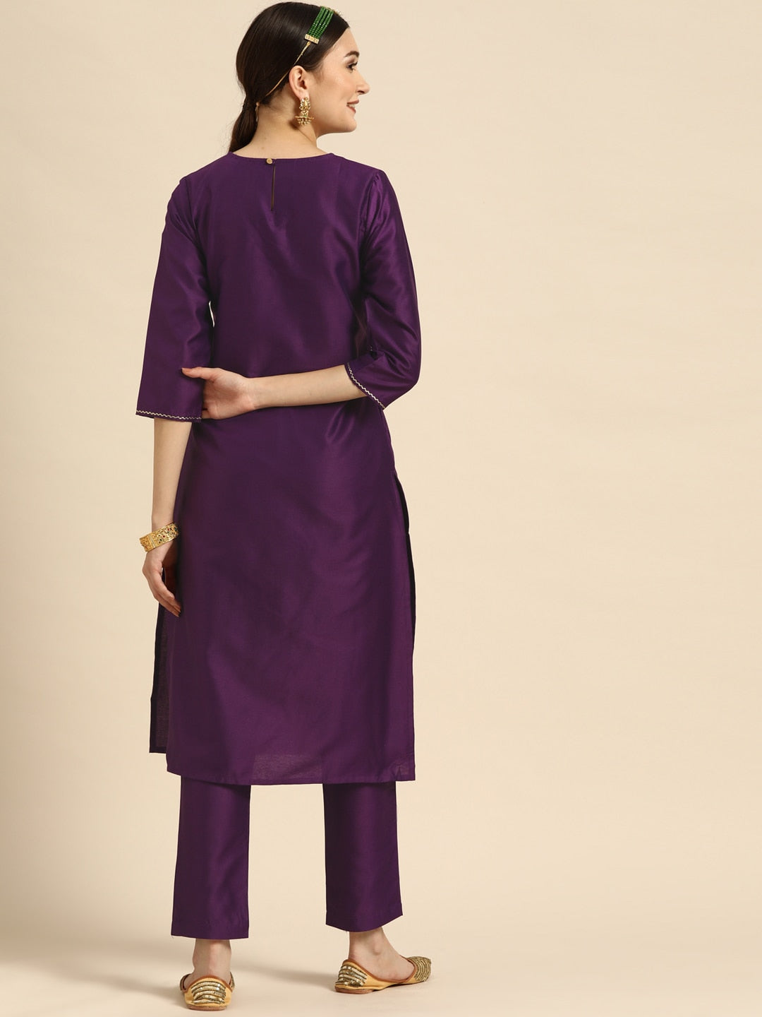 Sangria Women Purple Ethnic Motifs Embroidered Kurta with Trousers - Distacart