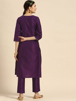 Thumbnail for Sangria Women Purple Ethnic Motifs Embroidered Kurta with Trousers - Distacart