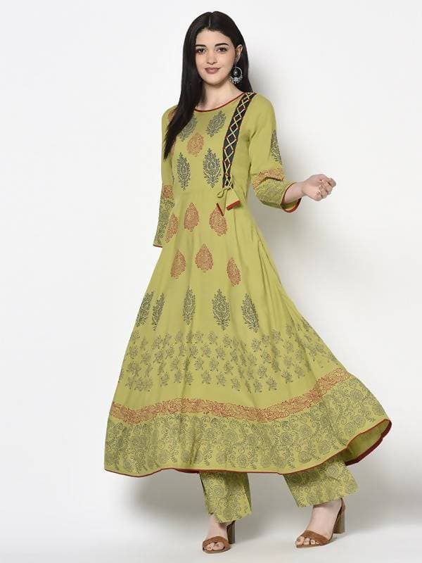 Aniyah Rayon Parrot Green Color Block Print Anarkali Palazzo Set (AN-194K)