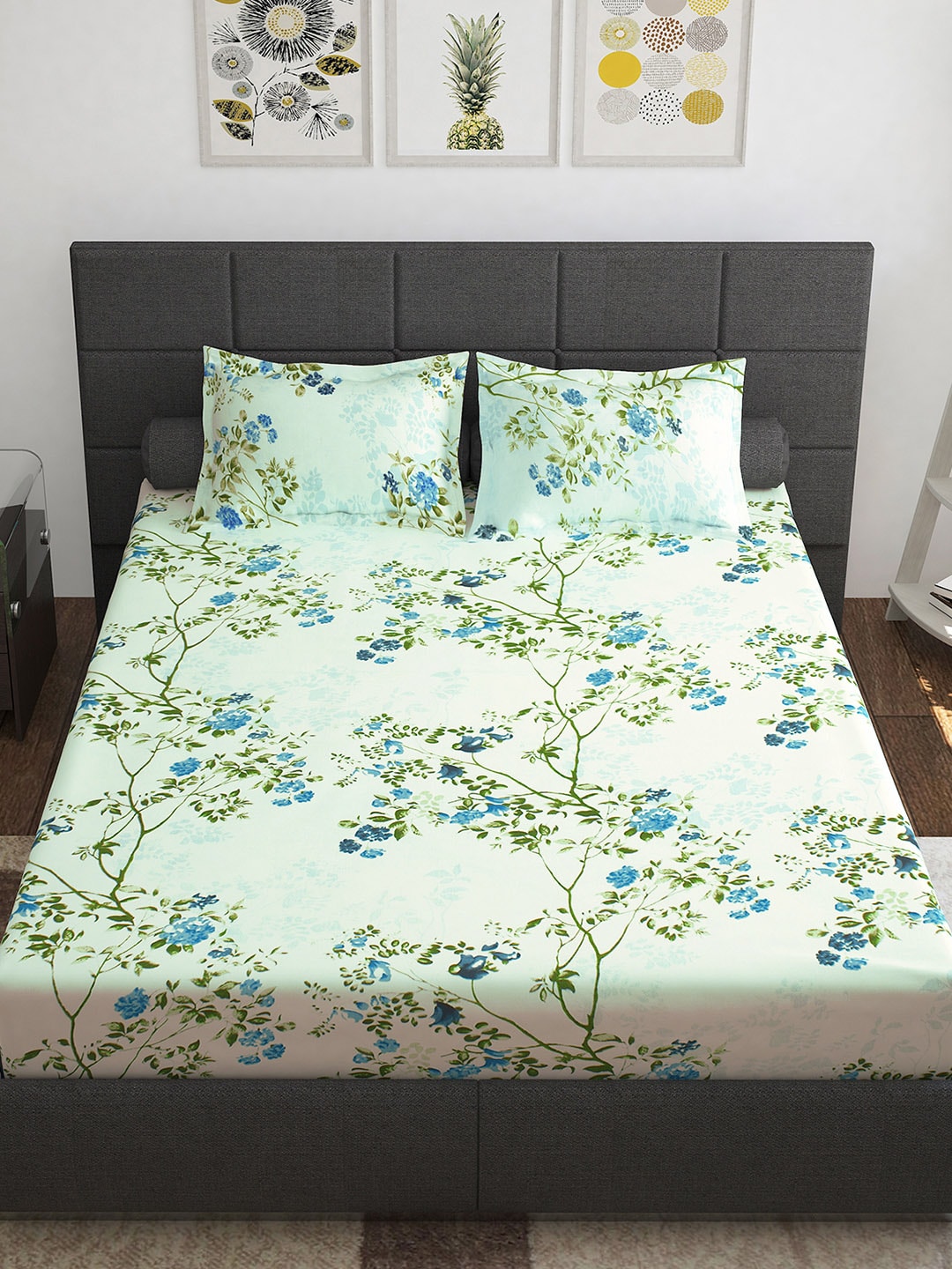 Story@home Ventura Blue & Green Floral Printed 152 TC Queen Bedsheet With 2 Pillow Covers - Distacart