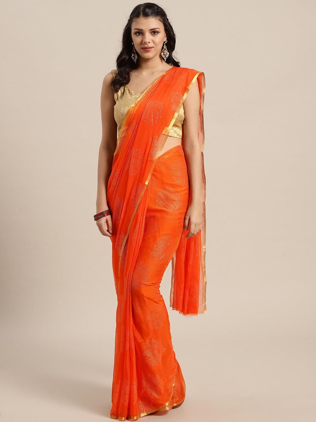 Saree Mall Orange & Golden Printed Saree - Distacart