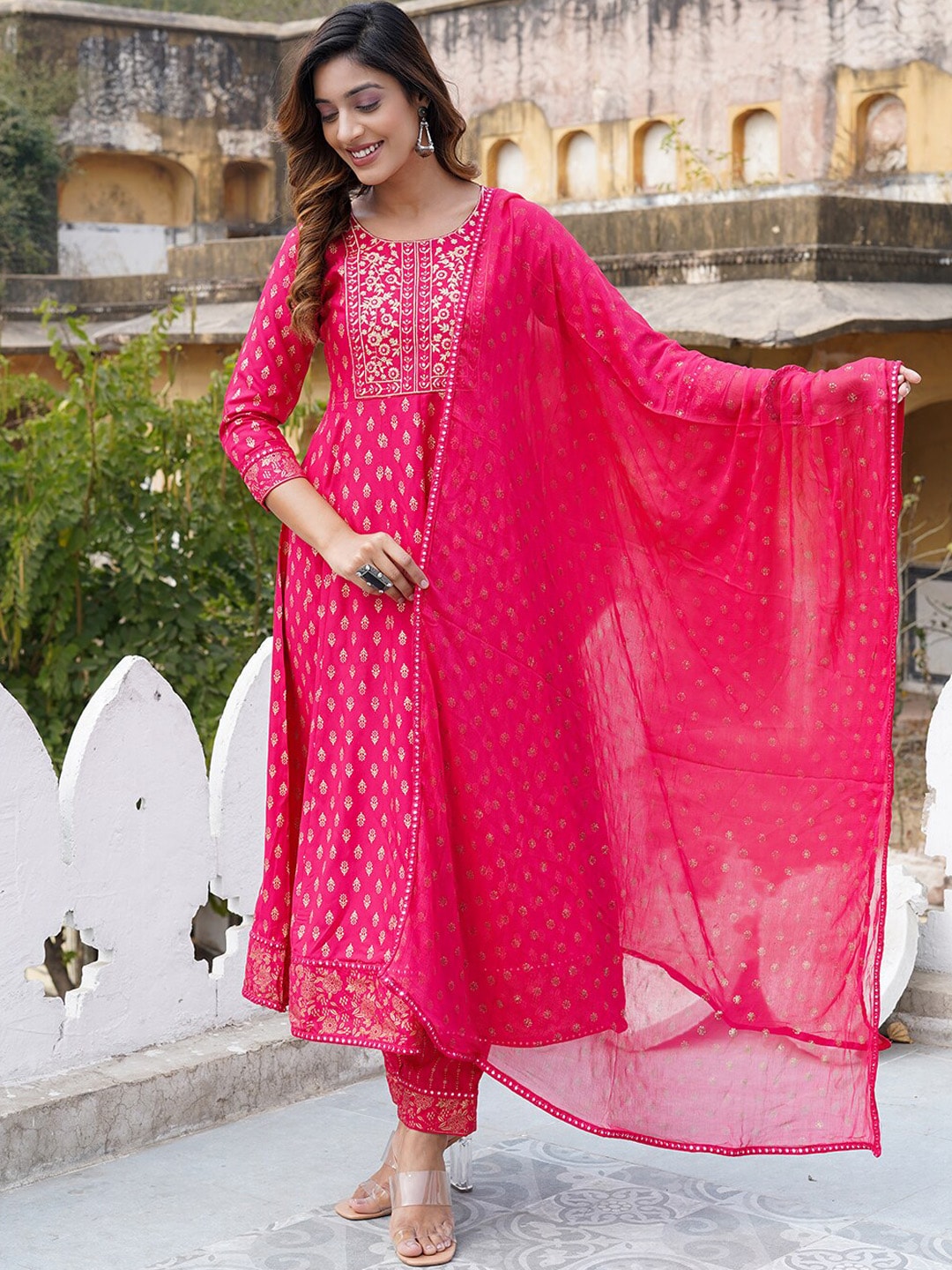 Kalini Ethnic Motifs Printed Regular Thread Work Kurta with Trousers & With Dupatta - Distacart