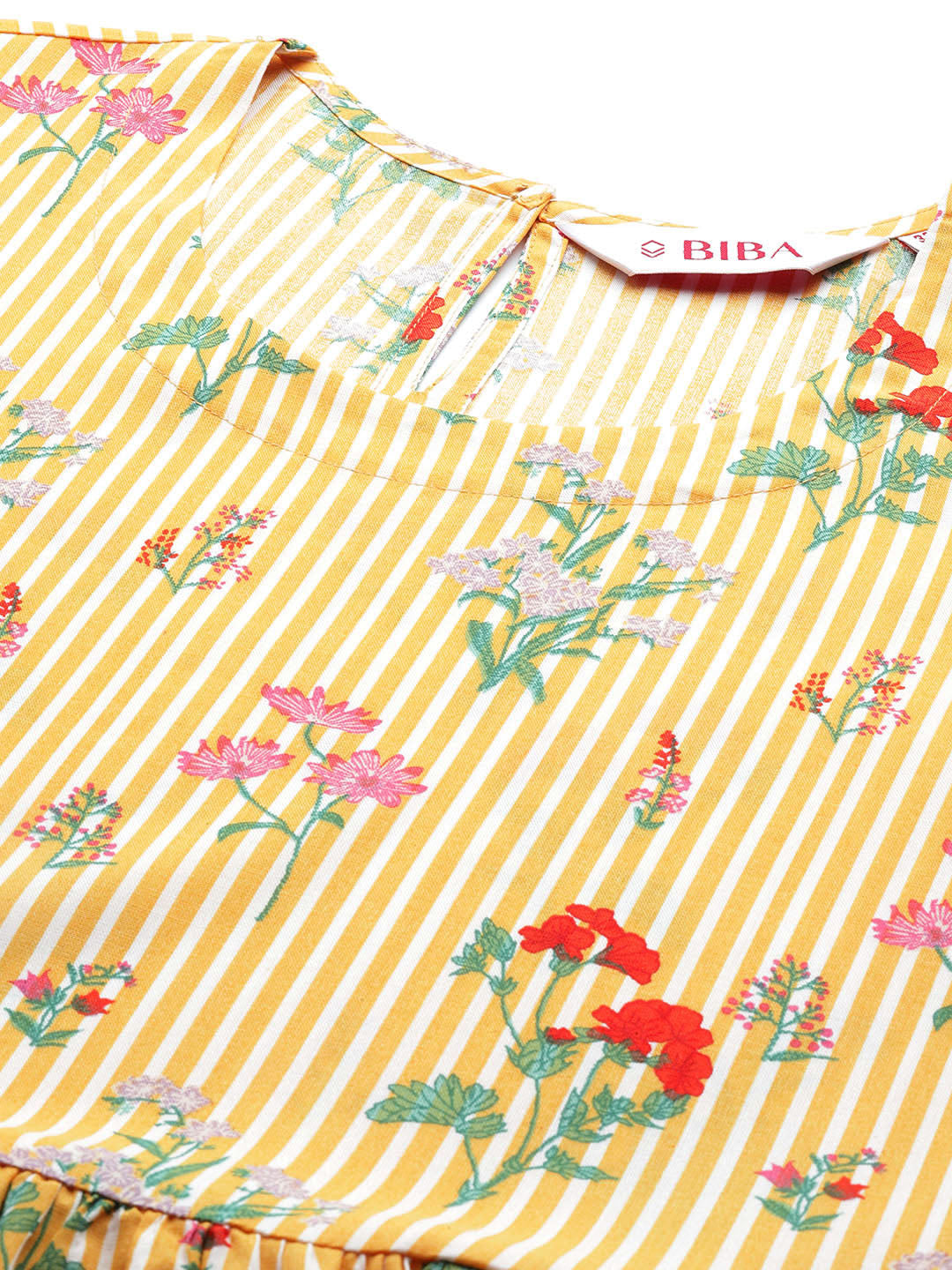 Biba Pure Cotton Striped With Floral Detail Anarkali Kurta - Distacart