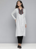 Thumbnail for HERE&NOW Women Grey Melange & Red Ethnic Motifs Yoke Design Thread Work Kurta - Distacart
