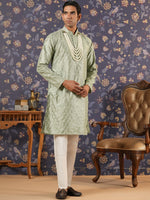 Thumbnail for House of Pataudi Ethnic Motifs Embroidered Mandarin Collar Straight Kurta With Trouser - Distacart
