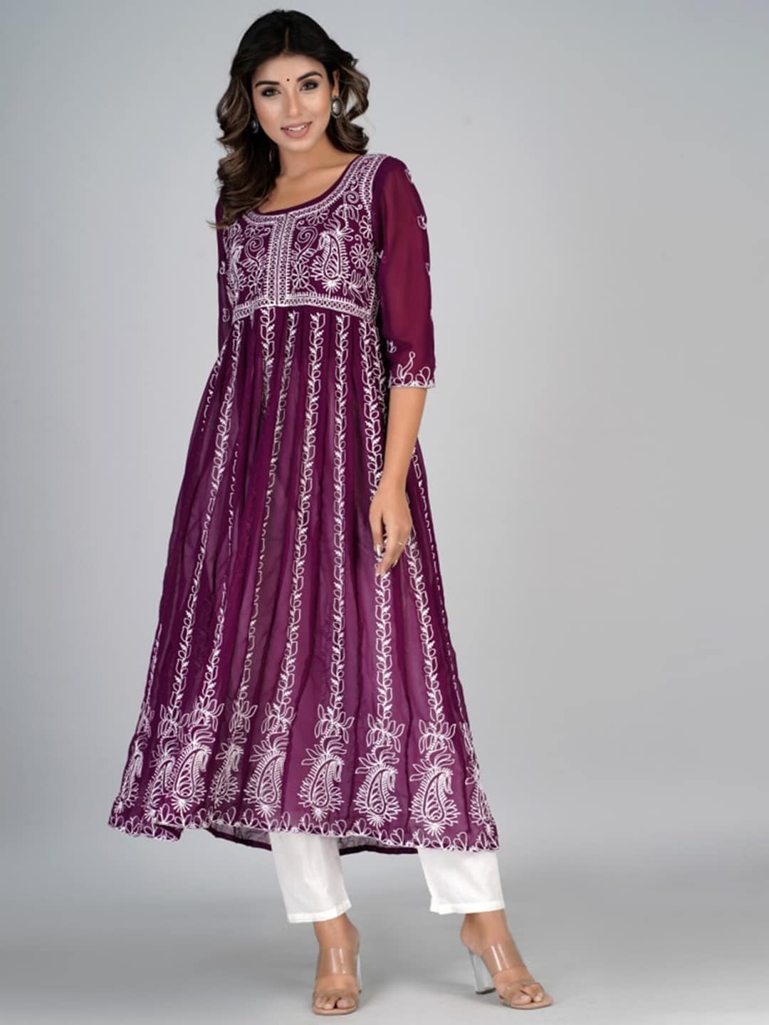 HERE&NOW Purple & White Floral Embroidered Paneled Georgette Anarkali Kurta - Distacart