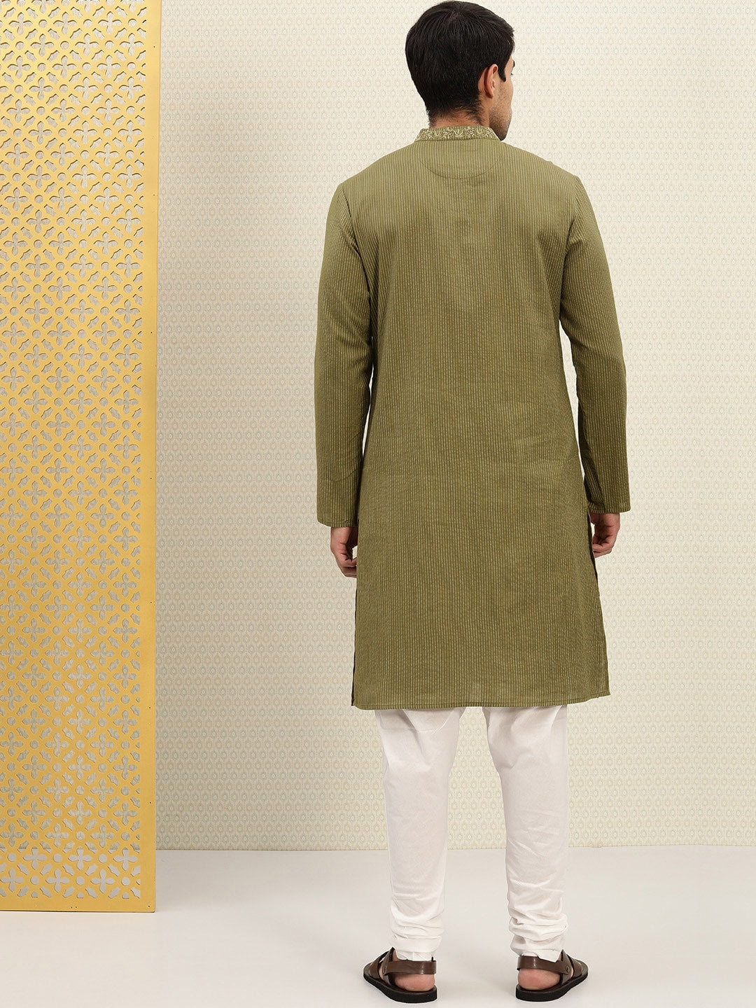 House of Pataudi Men Olive Green Striped Straight Kurta with Embroidered Detail - Distacart