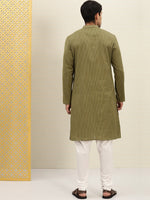 Thumbnail for House of Pataudi Men Olive Green Striped Straight Kurta with Embroidered Detail - Distacart