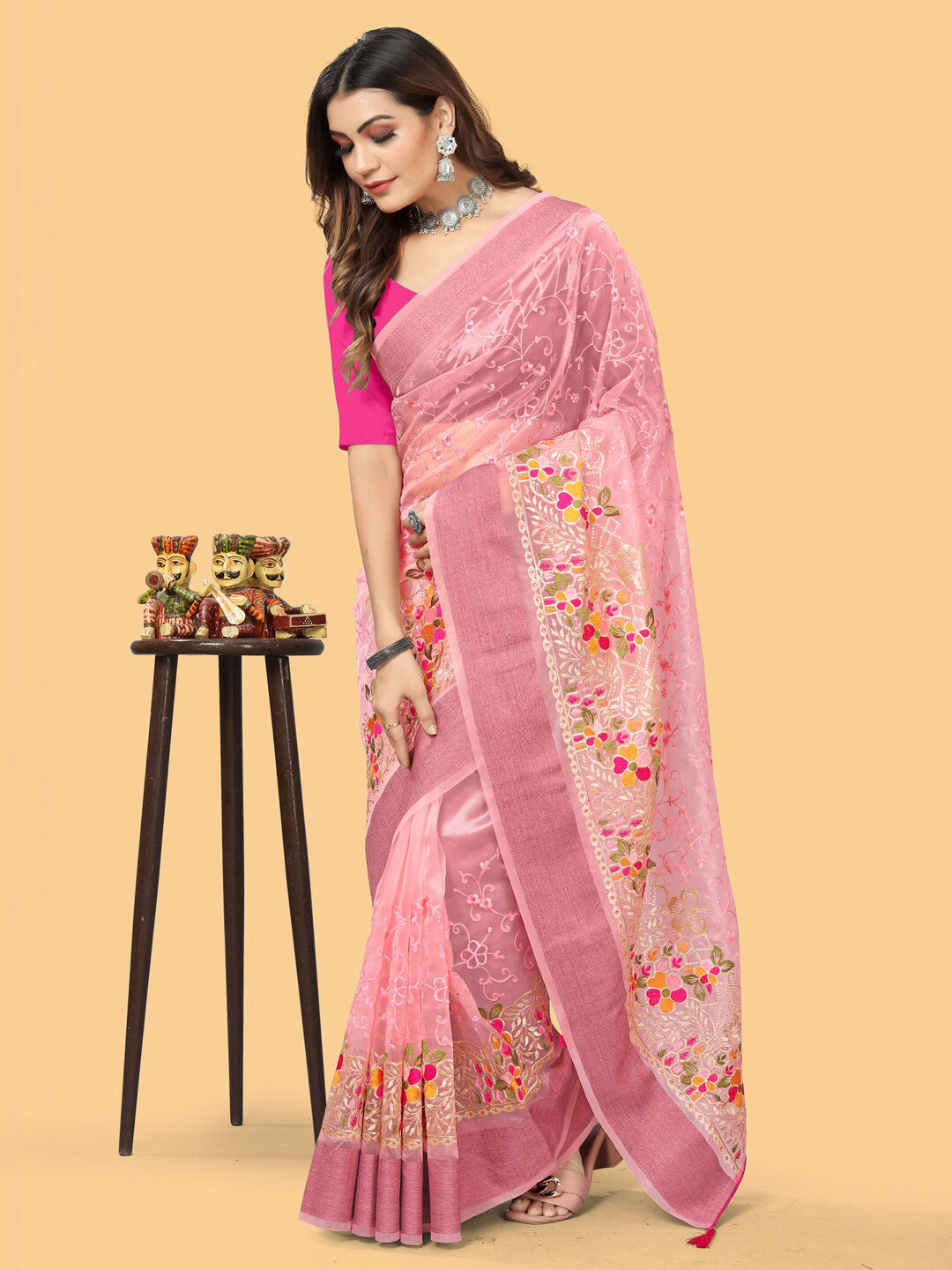 Sangria Pink & White Floral Embroidered Zari Organza Bagh Sarees - Distacart