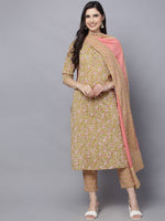 Thumbnail for HERE&NOW Women Mustard Yellow Floral Printed Pure Cotton Kurta Set - Distacart