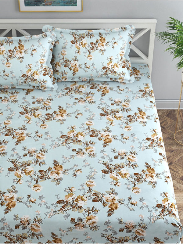 Florida Blue & White Floral 120 TC King Bedsheet with 2 Pillow Covers - Distacart