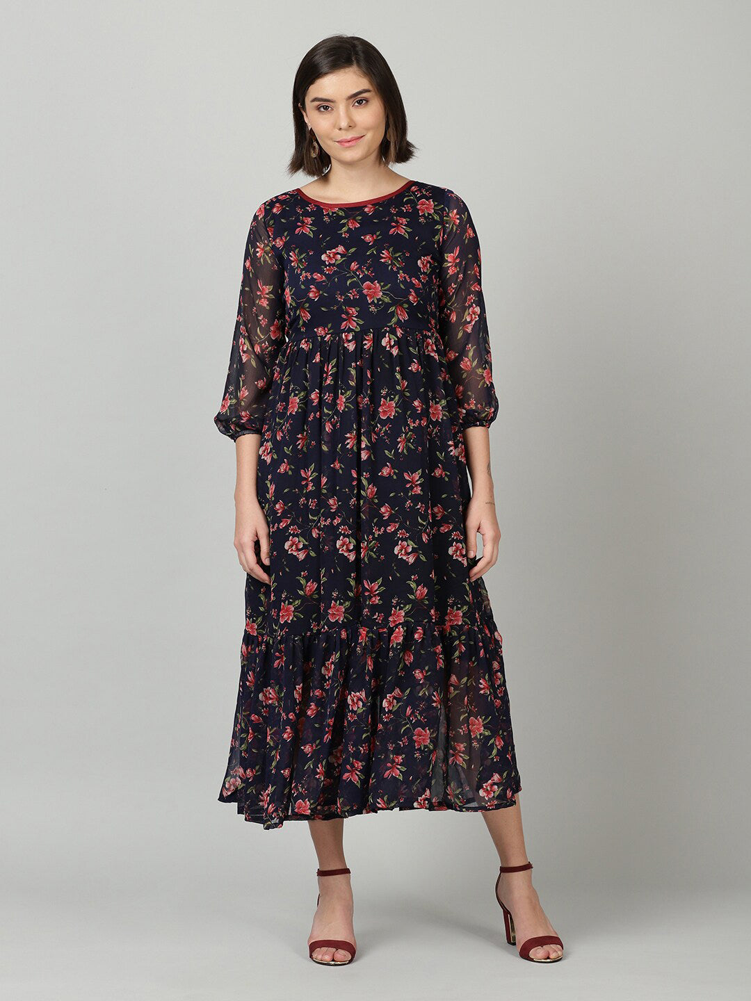 Souchii Women Navy Blue & Red Floral Chiffon A-Line Tiered Dress - Distacart