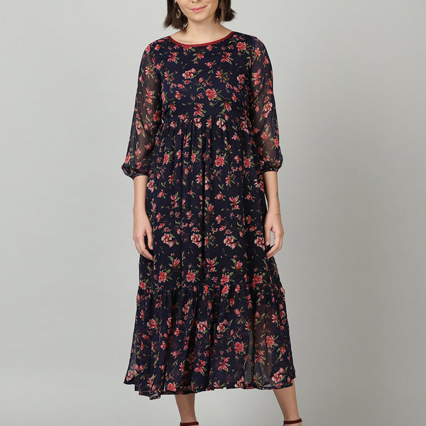 Souchii Women Navy Blue & Red Floral Chiffon A-Line Tiered Dress - Distacart