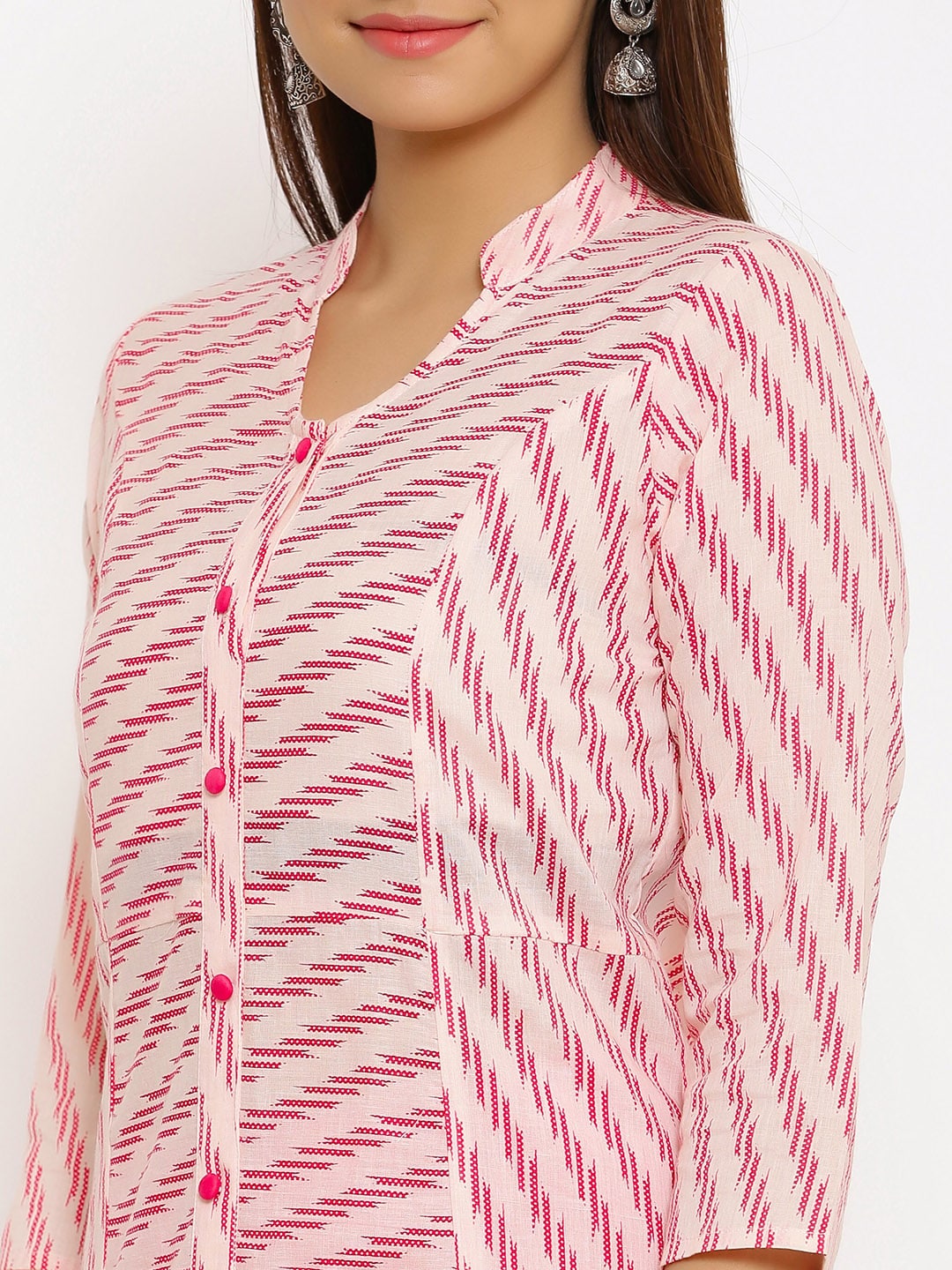 HERE&NOW Pink Mandarin Collar Striped A-Line Kurta - Distacart