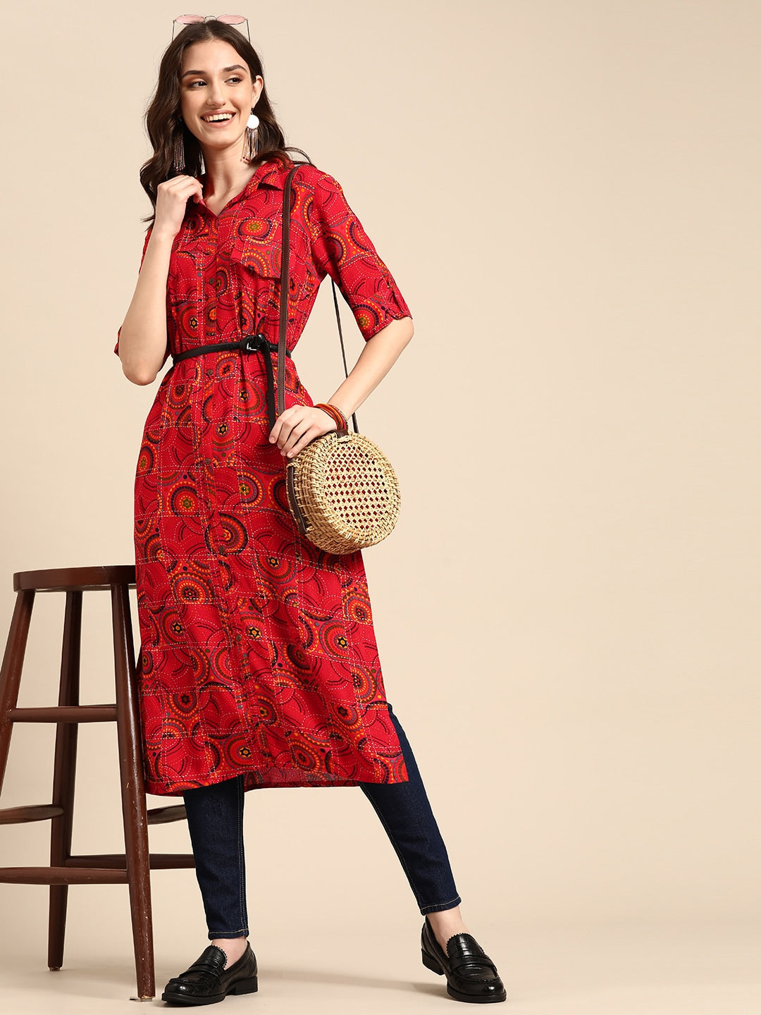 Sangria Women Red Geometric Printed Kurta - Distacart
