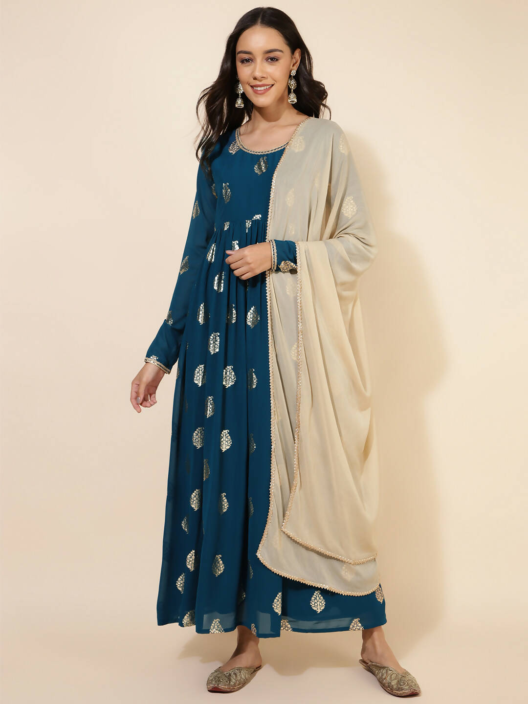 Janasya Women's Teal Blue Georgette Foil Printed Festive Flared Kurta Set - Distacart