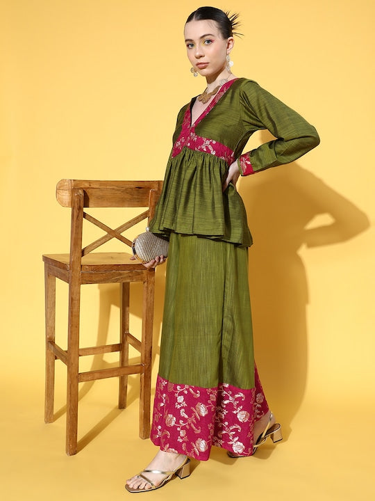 InWeave Women's Olive Pink Brocade Mughal Shaan Kurta Palazzo Set - Distacart