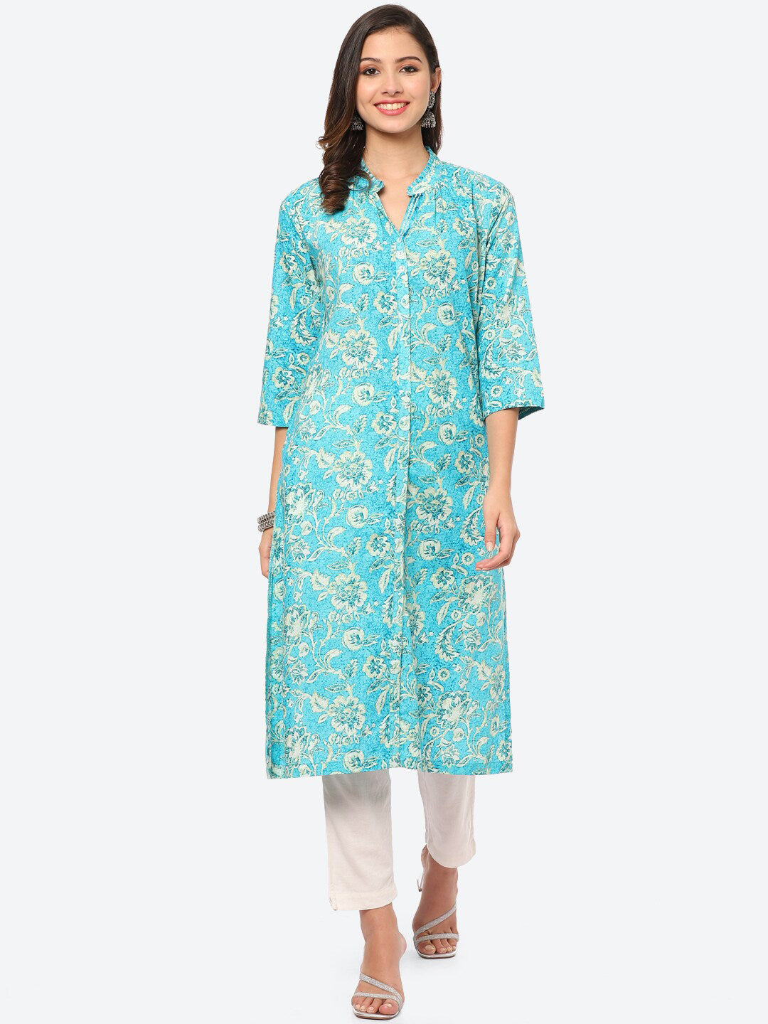 Biba Women Turquoise Blue Ethnic Motifs Printed Kurta - Distacart