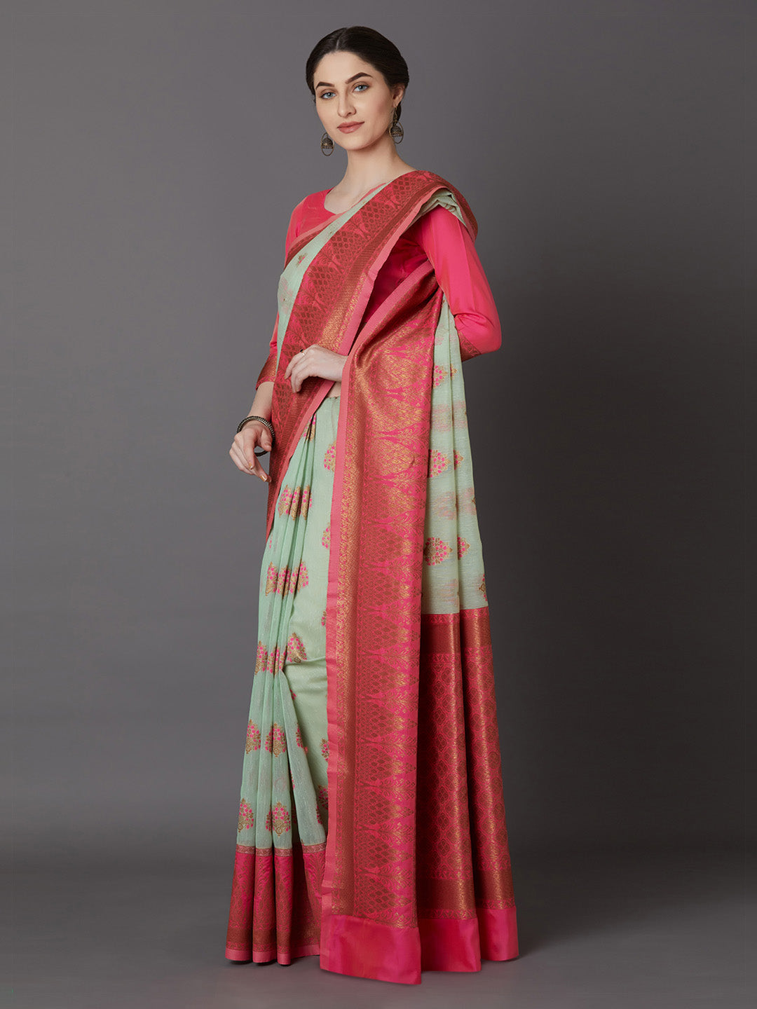 Mitera Sea Green & Pink Silk Blend Woven Design Banarasi Saree - Distacart