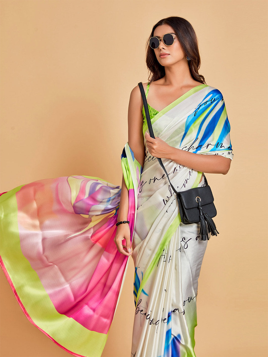Sangria White & Blue Satin Saree - Distacart