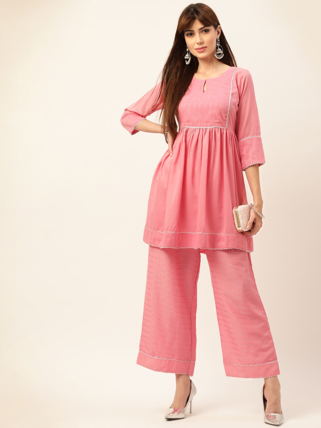 Sangria Peach-Coloured Zari Gotta Patti Pleated A-Line Pure Cotton Kurti With Palazzo - Distacart