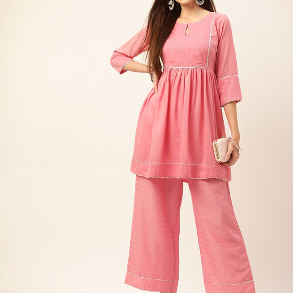 Sangria Peach-Coloured Zari Gotta Patti Pleated A-Line Pure Cotton Kurti With Palazzo - Distacart