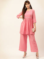 Thumbnail for Sangria Peach-Coloured Zari Gotta Patti Pleated A-Line Pure Cotton Kurti With Palazzo - Distacart